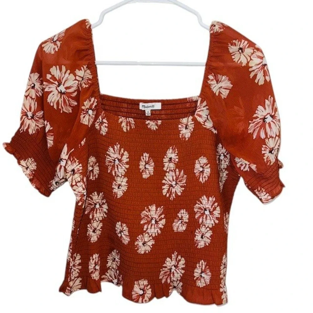 Madewell Georgette Lucie Floral Smocked Top Square Neck Puff Sleeve‎ Rust Size M - Picture 5 of 16